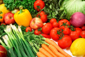 This is a close-up of vegetables and fruits.