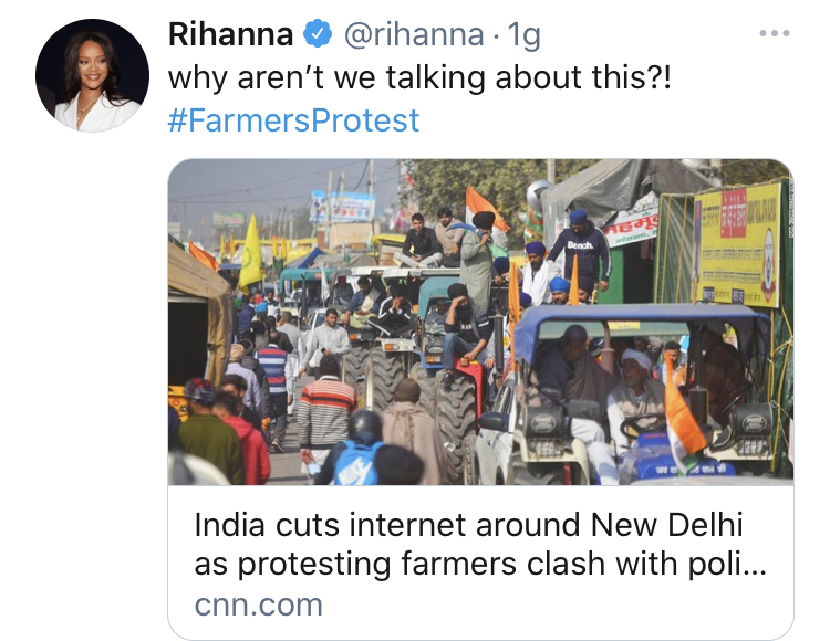 “Perché non ne stiamo parlando?”. Il tweet di Rihanna sui contadini scatena la reazione dell’India